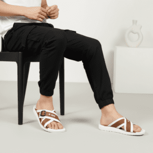 Men white and mustured cross strap slippers and trendy criss cross summer slides by Nova