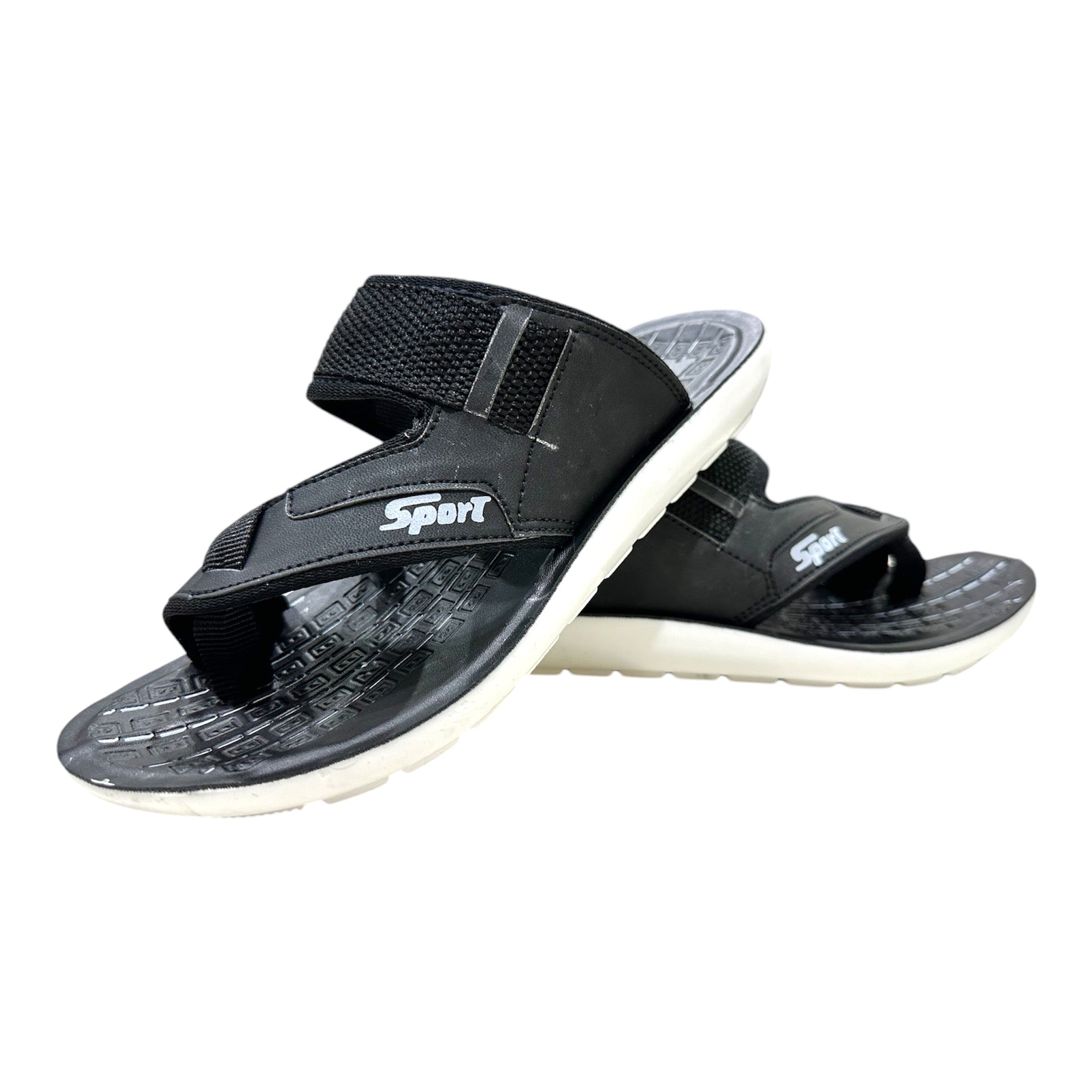 Men Everyday Slides - A12 3 Profile of black athletic slides showing a thick cushioned white midsole and ergonomic arch support for walking.