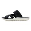 Profile of black athletic slides showing a thick cushioned white midsole and ergonomic arch support for walking