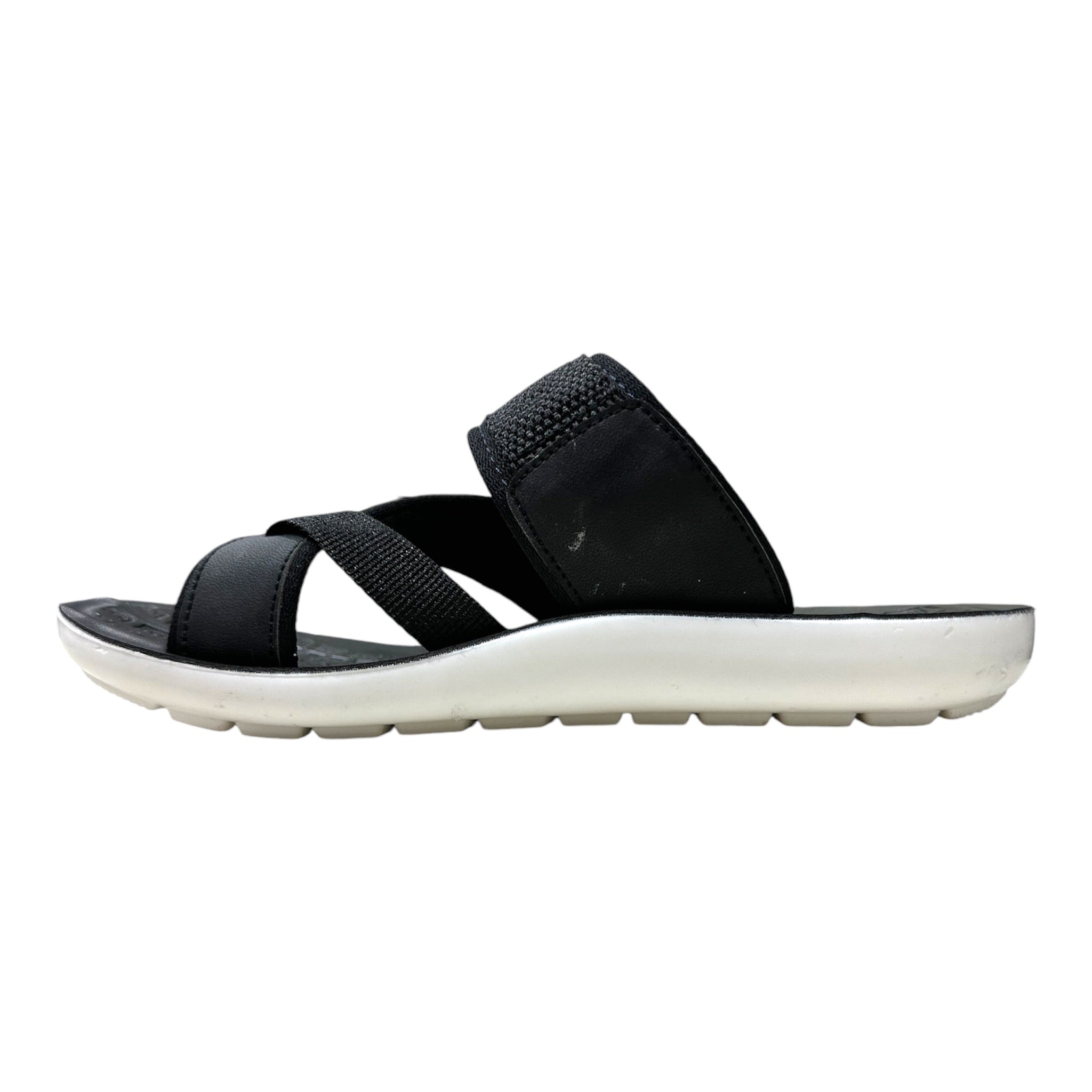 Men Everyday Slides - A12 2 Profile of black athletic slides showing a thick cushioned white midsole and ergonomic arch support for walking