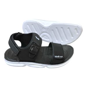 Men's lightweight sports sandals black casual chappal Teva Soft adjustable buckle strap secure back strap sandals with white non-slip sole and logo detail.
