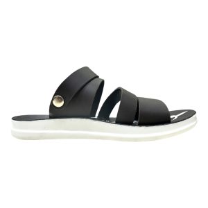 Black kids triple strap sandals with back strap and thick white sole Nova breathable lightweight chappal for boys daily summer wear with silver stud.