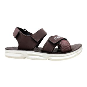 Men's durable walking sandals brown sporty chappal Nova Soft triple adjustable velcro straps sport logo sandals with thick white cushioned sole.
