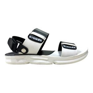 Men's fashion casual sandals black and white chappal Striker adjustable dual strap sport sandals with thick white sole and rotating heel strap.