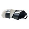 black and white striker sandals with dual horizontal straps and back strap