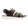 Men's comfort outdoor sandals brown sporty chappal Nova Soft adjustable back strap striped fabric sandals with white cushioned sole and yellow accents.