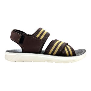 Men's comfort outdoor sandals brown sporty chappal Nova Soft adjustable back strap striped fabric sandals with white cushioned sole and yellow accents.