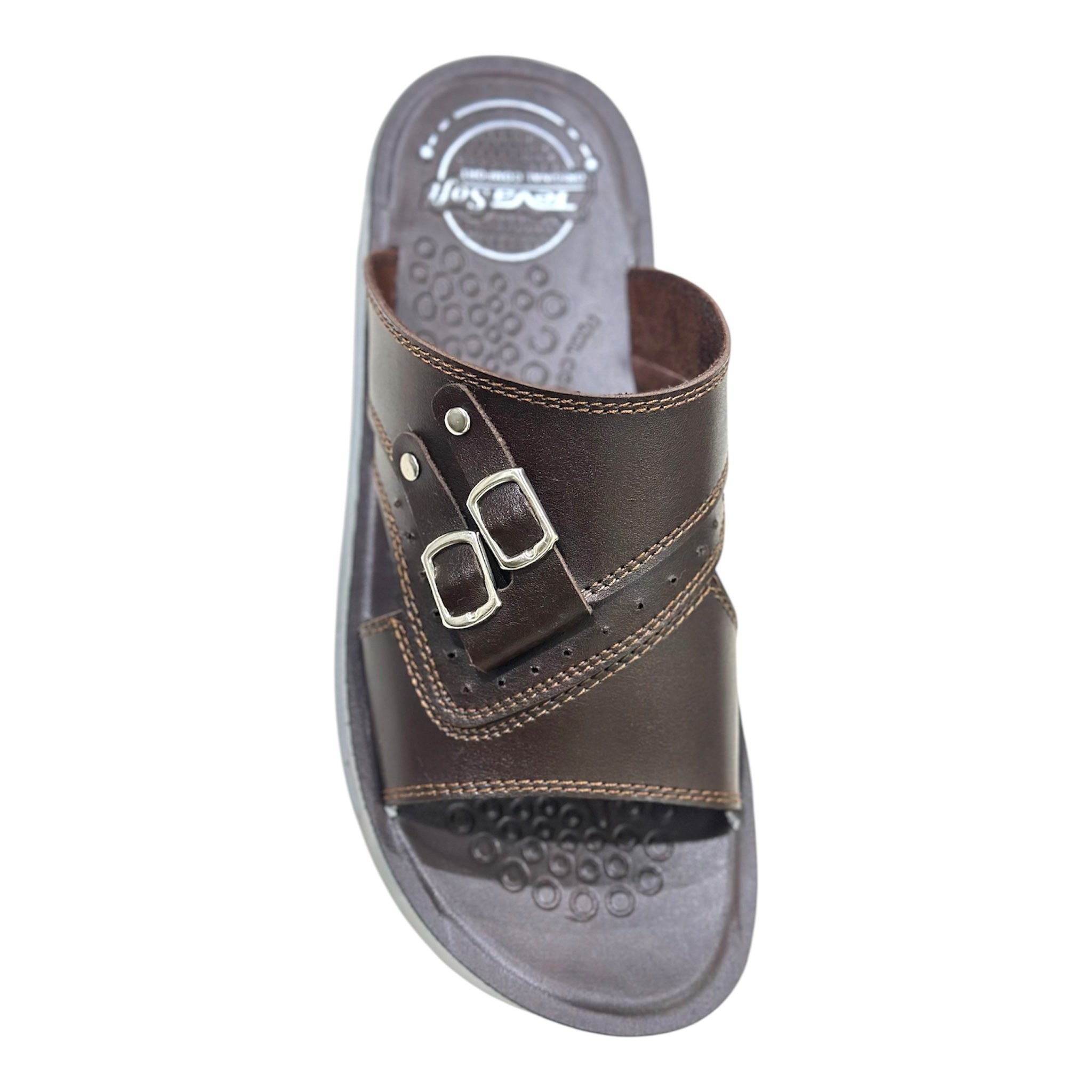 Men Casual Sandal - D1 4 Nova premium brown leather slides for men with dual silver buckles