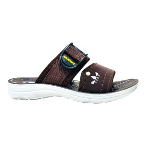 Brown kids waterproof slides with spot logo strap and thick white sole Nova breathable lightweight chappal for boys summer outdoor wear.