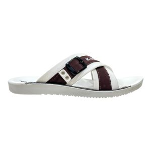 white and maroon cross strap slippers for men with buckle Nova soft summer casual chappal lightweight daily wear footwear.