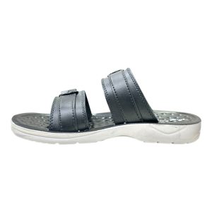 black cushioned slippers with thick white sole and ergonomic arch support