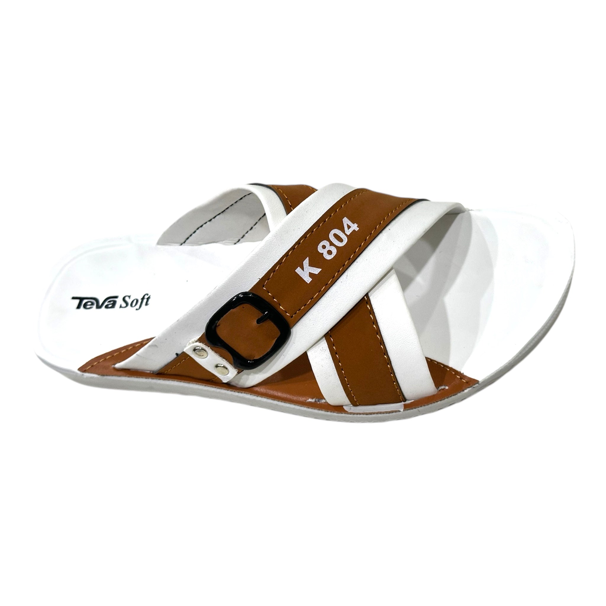 Men Casual Slipper - 2009 2 brown and white crisscross strap slippers with buckle and k 804 logo