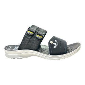 Men's soft summer slippers black daily wear chappal Nova Soft adjustable dual strap waterproof slide slipper with massage footbed and white logo.