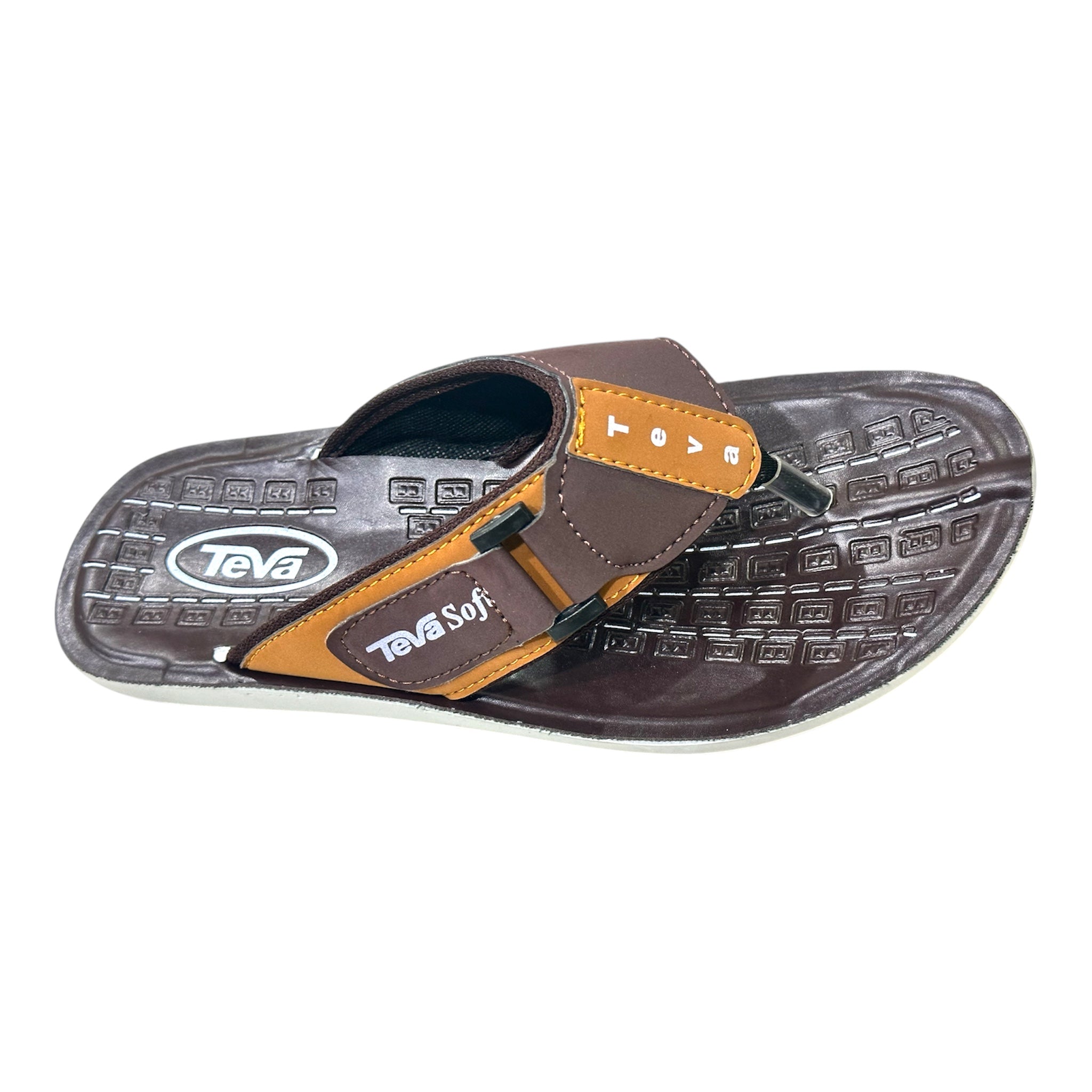 Men Everyday Slides - 647 3 Men’s burgundy slides featuring a maroon and brown dual-tone strap with white branding and a textured comfort footbed.