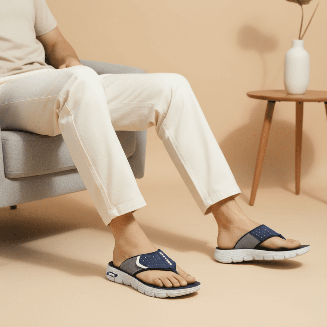 Men breathable slides in navy blue trendy summer chappal by Nova