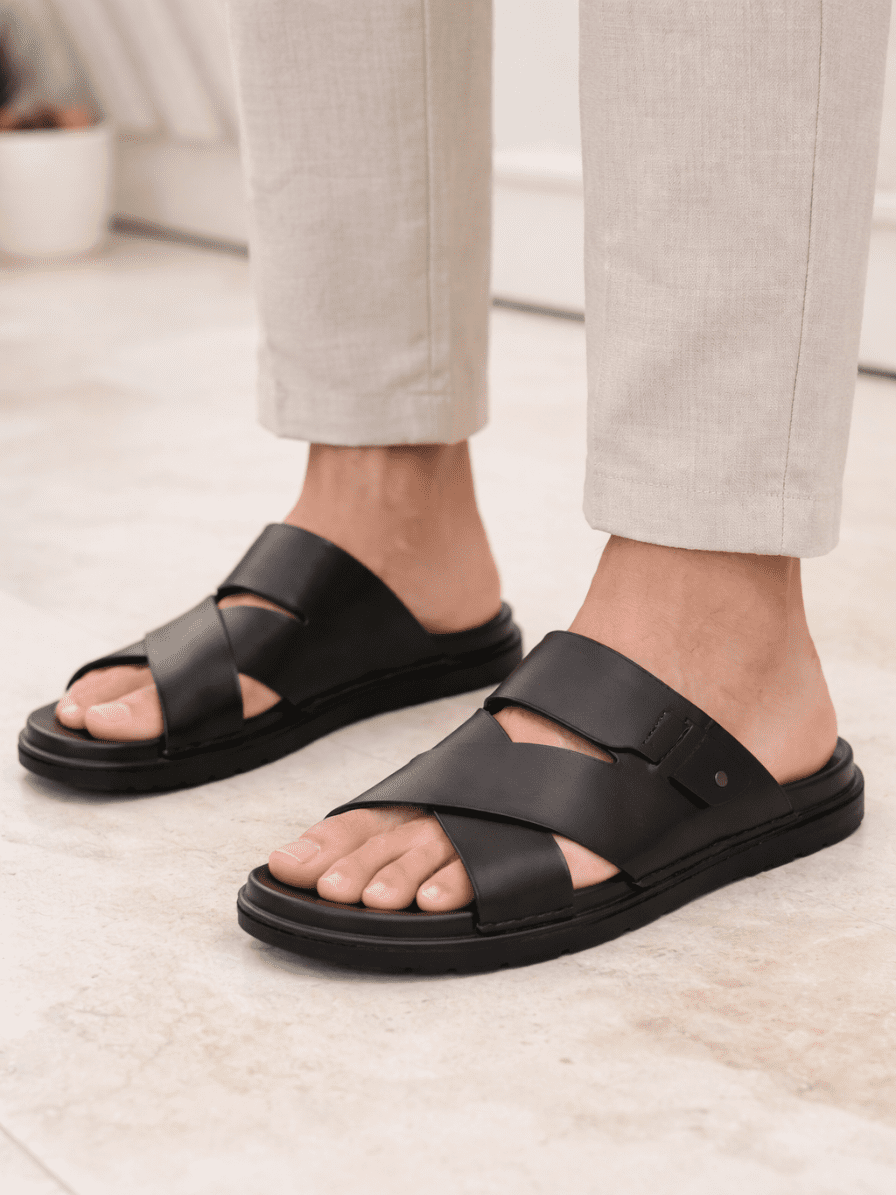 Medicated PU Rexine men's slipper showing internal 1.44mm resin sole structure for foot health Nova Footwear