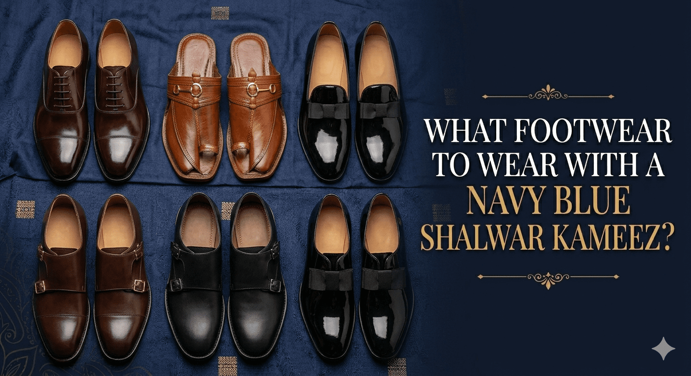 Man wearing What Footwear to Wear with a Navy Blue Shalwar Kameez with Tan Brown Peshawari Chappals and lightweight sole.
